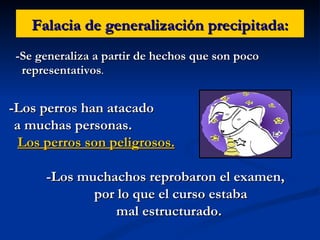 Falacia de generalización precipitada: -Se generaliza a partir de hechos que son poco  representativos . -Los perros han atacado  a muchas personas. Los perros son peligrosos. -Los muchachos reprobaron el examen,  por lo que el curso estaba mal estructurado. 
