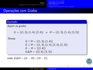 Grafos
Imagem de un conjunto por un grafo
Projeções de um Grafo
Operações com Grafos
Grafo Recı́proco
Imagem de un conjunto por un grafo
Operações com Grafos
Exemplo
Sejam os grafos:
G = {(1, 3), (1, 4), (2, 4)} e H = {(1, 3), (1, 4), (3, 3)}
Temos:
G ∩ H = {(1, 3), (1, 4)}
G ∪ H = {(1, 3), (1, 4), (2, 4), (2, 3)}
G − H = {(2, 4)}
G∆H = {(2, 4), (3, 3)}
onde G∆H = (G − H) ∪ (H − G)
Prof. Liliana Jurado Semana 12
 