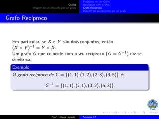 Grafos
Imagem de un conjunto por un grafo
Projeções de um Grafo
Operações com Grafos
Grafo Recı́proco
Imagem de un conjunto por un grafo
Grafo Recı́proco
Em particular, se X e Y são dois conjuntos, então
(X × Y )−1 = Y × X.
Um grafo G que coincide com o seu recı́proco (G = G−1) diz-se
simétrica.
Exemplo
O grafo recı́proco de G = {(1, 1), (1, 2), (2, 3), (3, 5)} é:
G−1
= {(1, 1), (2, 1), (3, 2), (5, 3)}
Prof. Liliana Jurado Semana 12
 