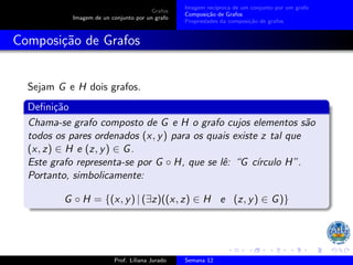 Grafos
Imagem de un conjunto por un grafo
Imagem recı́proca de um conjunto por um grafo
Composição de Grafos
Propriedades da composição de grafos
Composição de Grafos
Sejam G e H dois grafos.
Definição
Chama-se grafo composto de G e H o grafo cujos elementos são
todos os pares ordenados (x, y) para os quais existe z tal que
(x, z) ∈ H e (z, y) ∈ G.
Este grafo representa-se por G ◦ H, que se lê: “G cı́rculo H”.
Portanto, simbolicamente:
G ◦ H = {(x, y) | (∃z)((x, z) ∈ H e (z, y) ∈ G)}
Prof. Liliana Jurado Semana 12
 