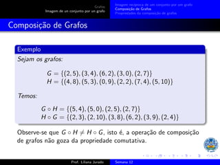 Grafos
Imagem de un conjunto por un grafo
Imagem recı́proca de um conjunto por um grafo
Composição de Grafos
Propriedades da composição de grafos
Composição de Grafos
Exemplo
Sejam os grafos:
G = {(2, 5), (3, 4), (6, 2), (3, 0), (2, 7)}
H = {(4, 8), (5, 3), (0, 9), (2, 2), (7, 4), (5, 10)}
Temos:
G ◦ H = {(5, 4), (5, 0), (2, 5), (2, 7)}
H ◦ G = {(2, 3), (2, 10), (3, 8), (6, 2), (3, 9), (2, 4)}
Observe-se que G ◦ H ̸= H ◦ G, isto é, a operação de composição
de grafos não goza da propriedade comutativa.
Prof. Liliana Jurado Semana 12
 