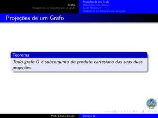 Grafos
Imagem de un conjunto por un grafo
Projeções de um Grafo
Operações com Grafos
Grafo Recı́proco
Imagem de un conjunto por un grafo
Projeções de um Grafo
Teorema
Todo grafo G é subconjunto do produto cartesiano das suas duas
projeções.
Prof. Liliana Jurado Semana 12
 