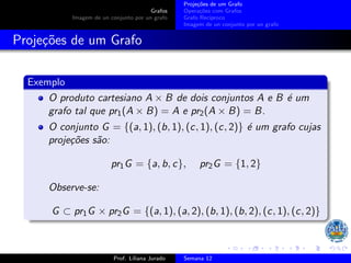 Grafos
Imagem de un conjunto por un grafo
Projeções de um Grafo
Operações com Grafos
Grafo Recı́proco
Imagem de un conjunto por un grafo
Projeções de um Grafo
Exemplo
O produto cartesiano A × B de dois conjuntos A e B é um
grafo tal que pr1(A × B) = A e pr2(A × B) = B.
O conjunto G = {(a, 1), (b, 1), (c, 1), (c, 2)} é um grafo cujas
projeções são:
pr1G = {a, b, c}, pr2G = {1, 2}
Observe-se:
G ⊂ pr1G × pr2G = {(a, 1), (a, 2), (b, 1), (b, 2), (c, 1), (c, 2)}
Prof. Liliana Jurado Semana 12
 