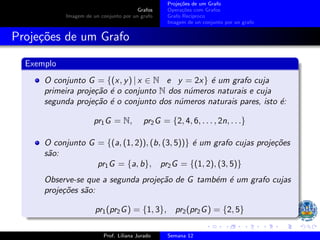 Grafos
Imagem de un conjunto por un grafo
Projeções de um Grafo
Operações com Grafos
Grafo Recı́proco
Imagem de un conjunto por un grafo
Projeções de um Grafo
Exemplo
O conjunto G = {(x, y) | x ∈ N e y = 2x} é um grafo cuja
primeira projeção é o conjunto N dos números naturais e cuja
segunda projeção é o conjunto dos números naturais pares, isto é:
pr1G = N, pr2G = {2, 4, 6, . . . , 2n, . . .}
O conjunto G = {(a, (1, 2)), (b, (3, 5))} é um grafo cujas projeções
são:
pr1G = {a, b}, pr2G = {(1, 2), (3, 5)}
Observe-se que a segunda projeção de G também é um grafo cujas
projeções são:
pr1(pr2G) = {1, 3}, pr2(pr2G) = {2, 5}
Prof. Liliana Jurado Semana 12
 