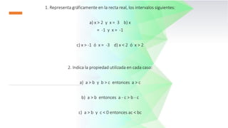 1. Representa gráficamente en la recta real, los intervalos siguientes:
a) x > 2 y x = 3 b) x
= -1 y x = -1
c) x > -1 ó x = -3 d) x < 2 ó x > 2
2. Indica la propiedad utilizada en cada caso:
a) a > b y b > c entonces a > c
b) a > b entonces a - c > b - c
c) a > b y c < 0 entonces ac < bc
 