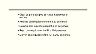  Clear es para equipos de hasta 8 personas o
menos.
 Amarillo para equipos entre 9 a 20 personas.
 Naranja para equipos entre 21 a 50 personas.
 Roja para equipos entre 51 a 100 personas.
 Marrón para equipos entre 101 a 200 personas.
 