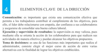 ELEMENTOS CLAVE DE LA DIRECCIÓN
4
Comunicación: es importante que exista una comunicación efectiva que
permita a los trabajadores contribuir al cumplimiento de los objetivos, para
ello, el líder debe relacionarse con empatía, dar confianza a sus colaboradores
y asegurarse de consolidar una buena cultura laboral.
Ejecución y supervisión de resultados: la supervisión es muy valiosa, pues
mediante ella se orienta la acción de los colaboradores para que realicen sus
actividades de manera efectiva y puedan alcanzar los objetivos propuestos.
Toma de decisiones: es una de las funciones más importantes que realiza el
administrador, consiste elegir el mejor curso de acción de entre varias
alternativas con la finalidad de lograr los objetivos establecidos.
 