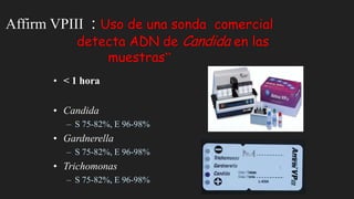 Affirm VPIII : Uso de una sonda comercial
detecta ADN de Candida en las
muestras”
• < 1 hora
• Candida
– S 75-82%, E 96-98%
• Gardnerella
– S 75-82%, E 96-98%
• Trichomonas
– S 75-82%, E 96-98%
 