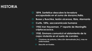 HISTORIA
 1894, Sanfelice descubre la levadura
encapsulada en el zumo de durazno,Italia.
 Busse y Buschke, lesión ulcerosa, tibia, Alemania
 Curtis, 1896, saccaromicosis humana
 1905,Van Hauseman, 1º reporte de Meningitis
criptocococica.
 1950, Emmons comunicó el aislamiento de la
cepa virulenta en el suelo de corrales.
 Criadores de paloma, infección demostrada (Ac), mas no
enfermedad.
 Descrito en Koalas.
 