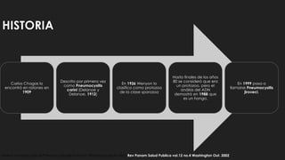 HISTORIA
Carlos Chagas lo
encontró en ratones en
1909
Descrito por primera vez
como Pneumocysitis
carini (Delanoe y
Delanoe, 1912)
En 1926 Wenyon lo
clasifico como protozoo
de la clase sporozoa
Hasta finales de los años
80 se consideró que era
un protozoo, pero el
análisis del ADN
demostró en 1988 que
es un hongo.
En 1999 pasa a
llamarse Pneumocysitis
jiroveci.
Nuevo nombre para el Pneumocystisdel humano: Pneumocystis jiroveci, Rev Panam Salud Publica vol.12 no.4 Washington Out. 2002
 