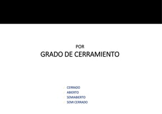 ✓ CERRADO
✓ ABIERTO
✓ SEMIABIERTO
✓ SEMI CERRADO
POR
GRADO DE CERRAMIENTO
 
