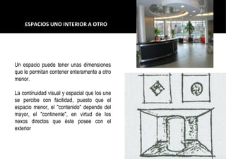 Un espacio puede tener unas dimensiones
que le permitan contener enteramente a otro
menor.
La continuidad visual y espacial que los une
se percibe con facilidad, puesto que el
espacio menor, el "contenido" depende del
mayor, el "continente", en virtud de los
nexos directos que éste posee con el
exterior
ESPACIOS UNO INTERIOR A OTRO
 