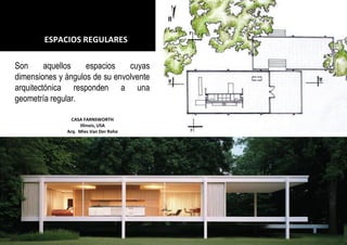 ESPACIOS REGULARES
Son aquellos espacios cuyas
dimensiones y ángulos de su envolvente
arquitectónica responden a una
geometría regular.
CASA FARNSWORTH
Illinois, USA
Arq. Mies Van Der Rohe
 