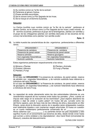 UNMSM-CENTRO PREUNIVERSITARIO Ciclo 2016-II
Semana Nº 13 (Prohibida su reproducción y venta) Pág. 120
A) Su nombre común es “la flor de la cantuta”.
B) Pertenece al género Cantua.
C) Posee semillas escondidas.
D) Se le conoce como La Flor Sagrada de los Incas.
E) Se le incluye en el Dominio Eucariota.
Solución:
La Cantua buxifolia cuyo nombre común es “la flor de la cantuta” pertenece al
género Cantúa, se le conoce como La Flor Sagrada de los Incas y está incluida en
el dominio eucariota; pertenece al grupo de la fanerógamas, plantas con semillas y
al grupo de las critópgamas (plantas con semillas desnudas en las escamas de los
conos) mal entendidas como plantas “con semilla oculta”.
Rpta.: C
13. La tabla muestra las características de dos organismos pertenecientes a diferentes
reinos.
ORGANISMO 1 ORGANISMO 2
Presencia de carioteca Presencia de carioteca
Presencia de pared celular Presencia de pared celular
Reserva almidón Reserva glucógeno
Con organelas fotosintéticas Sin organelas fotosintéticas
Nutrición autótrofa Nutrición heterótrofa
Estos organismos pertenecen respectivamente a los reinos
A) Monera y Plantae B) Plantae y Animalia
C) Protista y Monera D) Fungi y Plantae
E) Plantae y Fungi
Solución:
En el caso del ORGANISMO 1 la presencia de carioteca, de pared celular, reserva
de almidón con organelas fotosintéticas y de nutrición autótrofa hace referencia a
individuos del reino Plantae.
En el caso del ORGANISMO 2 la Presencia de carioteca, de pared celular, reserva
de glucógeno, sin organelas fotosintéticas y de nutrición heterótrofa hace referencia
a individuos del reino Fungi.
Rpta.: E
14. La capacidad de andar plenamente sobre las dos extremidades inferiores es una
característica especial de los humanos entre todos los primates. ¿Pero, cuándo se
impuso este rasgo en la evolución de los homínidos? ¿Qué especie abandonó los
árboles o dejó de andar a cuatro patas? Un hueso del pie, curvado como los
del Homo sapiens, pero de hace más de tres millones de años y descubierto en Afar
Etiopía, zanja ahora la discusión acerca de si aquellos seres antepasados nuestros
eran totalmente bípedos o aún mantenían rasgos arborícolas. El hueso en cuestión
es un cuarto metatarsiano perfectamente conservado de un ________________.
Ahora sabemos que ___________ y su parientes tenían los pies arqueados y esto
significa mucho en el conocimiento que tenemos de ellos, desde donde vivían hasta
qué comían y cómo evitaban a los depredadores”, dice Carol Ward (Universidad de
Missouri), coautora del descubrimiento.
ELPAIS.COM 10/2/2011
 