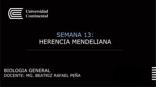 SEMANA 13:
HERENCIA MENDELIANA
1
0
BIOLOGIA GENERAL
DOCENTE: MG. BEATRIZ RAFAEL PEÑA
 