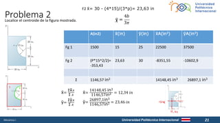 Universidad Politécnica Internacional
Problema 2
Mecánica I 21
Localice el centroide de la figura mostrada.
A(in2) (in) (in) A(in3) A(in3)
Fg 1 1500 15 25 22500 37500
Fg 2 (P*15^2/2)=
-353,43
23,63 30 -8351,55 -10602,9
Ʃ 1146,57 in2 14148,45 in3 26897,1 in3
F2 = 30 - (4*15)/(3*p)= 23,63 in
=
Ʃ𝐴𝐴
Ʃ 𝐴𝐴
=
14148,45 in3
1146,57in2 = 12,34 𝑖𝑖𝑖𝑖
=
Ʃ𝐴𝐴
Ʃ 𝐴𝐴
=
26897,1in3
1146,57in2 = 23,46 𝑖𝑖𝑖𝑖
 