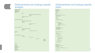 Ordenamiento con burbuja usando
arreglos
//Ordenacion por Burbuja
#include<iostream>
#define MAX 100
using namespace std;
int leenum()
{ int num;
do{
cout<<"Ingrese numero de elementos para el arreglo: ";
cin>>num;
cout<<"n";
}while(num<=0 || num>MAX);
return num;
}
void ingresadatos(int V[MAX], int n)
{ int i;
cout<<"Ingrese elementos para el arreglo ";
cout<<"n";
for(i=0;i<n;i++)
{
cout<<"Elemento ["<<i<<"]"<<":";
cin>>V[i];
}
}
void mostrar(int V[MAX], int n)
{ int i;
cout<<"Los elementos del arreglo son";
cout<<"n";
for(i=0;i<n;i++)
{ cout<<"Elemento"<<"["<<i<<"]"<<":t";
cout<<V[i];
cout<<"n";
}
}
void burbuja(int a[MAX], int n)
{ int i,j,temp;
for(i=0;i<n-1;i++)
for(j=n-1;j>=i+1;j--)
if (a[j]<a[j-1])
{ temp=a[j];
a[j]=a[j-1];
a[j-1]=temp;
}
}
int main()
{
int A[MAX];
int num;
num=leenum();
ingresadatos(A,num);
cout<<"n";
cout<<"n";
burbuja(A,num);
mostrar(A,num);
}
Ordenamiento con burbuja usando
listas
#include<iostream>
#include<stdlib.h>
using namespace std;
//************************************
struct nodo{
int info;
struct nodo *sgt;
};
//************************************
main(){
struct nodo *lista;//Declarando variables de tipo nodo
struct nodo *actual;//
struct nodo *siguiente;//
lista=NULL;
int dato;
int t;
int cant, i=1, cont;
cout<<"Entrar cantidad de nodos=";
cin>>cant;
while(i<=cant){
actual=new(nodo);
actual->sgt=lista;
cout<<"Ingrese dato a la lista=";
cin>>dato;
actual->info=dato;//(*nuevo).info = dato;
lista=actual;
i++;
}
// Mostrar la lista ingresada
cout<<"La lista ingresada es:"<<endl;
while(actual!=NULL){
cout<<"nDATO="<<actual->info;
actual=actual->sgt;
}
// Ordenamiento : Método de la burbuja
actual = lista;
while(actual->sgt != NULL)
{
siguiente = actual->sgt;
while(siguiente!=NULL)
{
if(actual->info > siguiente->info)
{
t = siguiente->info;
siguiente->info = actual->info;
actual->info = t;
}
siguiente = siguiente->sgt;
}
actual = actual->sgt;
siguiente = actual->sgt;
}
// Mostrar la lista ordenada
cout<<endl<<endl;
cout<<"La lista ordenada es:"<<endl<<endl;
actual = lista;
while(actual!=NULL){
//cout<<"nDATO="<<actual->info;
cout<<"nLISTA-->"<<actual->info;
actual=actual->sgt;
}
system("pause>>null");
}
 