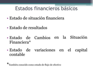 Estados financieros básicos
• Estado de situación financiera
• Estado de resultados
• Estado de Cambios
Financiera*
en la Situación
• Estado de variaciones en el capital
contable
*También conocido como estado de flujo de efectivo
 