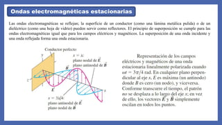 Ondas electromagnéticas estacionarias
Las ondas electromagnéticas se reflejan; la superficie de un conductor (como una lámina metálica pulida) o de un
dieléctrico (como una hoja de vidrio) pueden servir como reflectores. El principio de superposición se cumple para las
ondas electromagnéticas igual que para los campos eléctricos y magnéticos. La superposición de una onda incidente y
una onda reflejada forma una onda estacionaria.
 