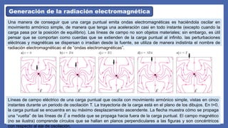 Generación de la radiación electromagnética
Una manera de conseguir que una carga puntual emita ondas electromagnéticas es haciéndola oscilar en
movimiento armónico simple, de manera que tenga una aceleración casi en todo instante (excepto cuando la
carga pasa por la posición de equilibrio). Las líneas de campo no son objetos materiales; sin embargo, es útil
pensar que se comportan como cuerdas que se extienden de la carga puntual al infinito. las perturbaciones
eléctricas y magnéticas se dispersan o irradian desde la fuente, se utiliza de manera indistinta el nombre de
radiación electromagnéticao el de “ondas electromagnéticas”.
Líneas de campo eléctrico de una carga puntual que oscila con movimiento armónico simple, vistas en cinco
instantes durante un periodo de oscilación T. La trayectoria de la carga está en el plano de los dibujos. En t=0,
la carga puntual se encuentra en su máximo desplazamiento ascendente. La flecha muestra cómo se propaga
una “vuelta” de las líneas de 𝐸 a medida que se propaga hacia fuera de la carga puntual. El campo magnético
(no se ilustra) comprende círculos que se hallan en planos perpendiculares a las figuras y son concéntricos
con respecto al eje de oscilación.
 