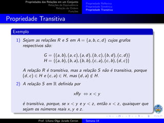 Propriedades das Relações em um Conjunto
Relações de Equivalência
Relação de Ordem
Funções
Propriedade Reflexiva
Propriedade Simétrica
Propriedade Transitiva
Propriedade Transitiva
Exemplo
1) Sejam as relações R e S em A = {a, b, c, d} cujos grafos
respectivos são:
G = {(a, b), (a, c), (a, d), (b, c), (b, d), (c, d)}
H = {(a, b), (b, a), (b, b), (c, a), (c, b), (d, c)}
A relação R é transitiva, mas a relação S não é transitiva, porque
(d, c) ∈ H e (c, a) ∈ H, mas (d, a) /
∈ H.
2) A relação S em R definida por
xRy ⇔ x < y
é transitiva, porque, se x < y e y < z, então x < z, quaisquer que
sejam os números reais x, y e z.
Prof. Liliana Olga Jurado Cerron Semana 14
 
