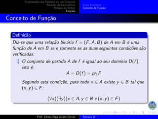 Propriedades das Relações em um Conjunto
Relações de Equivalência
Relação de Ordem
Funções
Grafo Funcional
Conceito de Função
Conceito de Função
Definição
Diz-se que uma relação binária f = (F, A, B) de A em B é uma
função de A em B se e somente se as duas seguintes condições são
verificadas:
i) O conjunto de partida A de f é igual ao seu domı́nio D(f ),
isto é:
A = D(f ) = pr1F
Segundo esta condição, para todo x ∈ A existe y ∈ B tal que
(x, y) ∈ F:
(∀x)(∃y)(x ∈ A, y ∈ B e (x, y) ∈ F)
Prof. Liliana Olga Jurado Cerron Semana 14
 