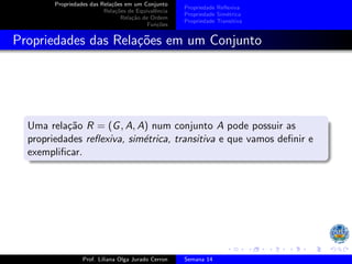 Propriedades das Relações em um Conjunto
Relações de Equivalência
Relação de Ordem
Funções
Propriedade Reflexiva
Propriedade Simétrica
Propriedade Transitiva
Propriedades das Relações em um Conjunto
Uma relação R = (G, A, A) num conjunto A pode possuir as
propriedades reflexiva, simétrica, transitiva e que vamos definir e
exemplificar.
Prof. Liliana Olga Jurado Cerron Semana 14
 