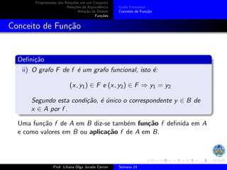 Propriedades das Relações em um Conjunto
Relações de Equivalência
Relação de Ordem
Funções
Grafo Funcional
Conceito de Função
Conceito de Função
Definição
ii) O grafo F de f é um grafo funcional, isto é:
(x, y1) ∈ F e (x, y2) ∈ F ⇒ y1 = y2
Segundo esta condição, é único o correspondente y ∈ B de
x ∈ A por f .
Uma função f de A em B diz-se também função f definida em A
e como valores em B ou aplicação f de A em B.
Prof. Liliana Olga Jurado Cerron Semana 14
 