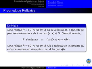 Propriedades das Relações em um Conjunto
Relações de Equivalência
Relação de Ordem
Funções
Propriedade Reflexiva
Propriedade Simétrica
Propriedade Transitiva
Propriedade Reflexiva
Definição
Uma relação R = (G, A, A) em A diz-se reflexiva se, e somente se,
para todo elemento x de A se tem (x, x) ∈ G. Simbolicamente,
R é reflexiva ⇔ (∀x)(x ∈ A ⇒ xRx)
Uma relação R = (G, A, A) em A não é reflexiva se, e somente se,
existe ao menos um elemento x em A tal que xR
/x.
Prof. Liliana Olga Jurado Cerron Semana 14
 