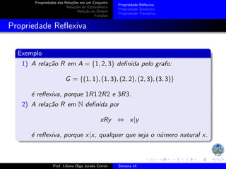 Propriedades das Relações em um Conjunto
Relações de Equivalência
Relação de Ordem
Funções
Propriedade Reflexiva
Propriedade Simétrica
Propriedade Transitiva
Propriedade Reflexiva
Exemplo
1) A relação R em A = {1, 2, 3} definida pelo grafo:
G = {(1, 1), (1, 3), (2, 2), (2, 3), (3, 3)}
é reflexiva, porque 1R1 2R2 e 3R3.
2) A relação R em N definida por
xRy ⇔ x|y
é reflexiva, porque x|x, qualquer que seja o número natural x.
Prof. Liliana Olga Jurado Cerron Semana 14
 