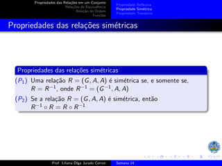 Propriedades das Relações em um Conjunto
Relações de Equivalência
Relação de Ordem
Funções
Propriedade Reflexiva
Propriedade Simétrica
Propriedade Transitiva
Propriedades das relações simétricas
Propriedades das relações simétricas
(P1) Uma relação R = (G, A, A) é simétrica se, e somente se,
R = R−1, onde R−1 = (G−1, A, A)
(P2) Se a relação R = (G, A, A) é simétrica, então
R−1 ◦ R = R ◦ R−1
Prof. Liliana Olga Jurado Cerron Semana 14
 