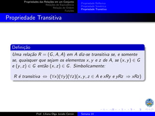 Propriedades das Relações em um Conjunto
Relações de Equivalência
Relação de Ordem
Funções
Propriedade Reflexiva
Propriedade Simétrica
Propriedade Transitiva
Propriedade Transitiva
Definição
Uma relação R = (G, A, A) em A diz-se transitiva se, e somente
se, quaisquer que sejam os elementos x, y e z de A, se (x, y) ∈ G
e (y, z) ∈ G então (x, z) ∈ G. Simbolicamente:
R é transitiva ⇔ (∀x)(∀y)(∀z)(x, y, z ∈ A e xRy e yRz ⇒ xRz)
Prof. Liliana Olga Jurado Cerron Semana 14
 
