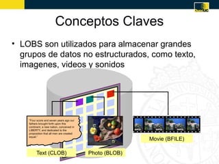 Conceptos Claves
• LOBS son utilizados para almacenar grandes
  grupos de datos no estructurados, como texto,
  imagenes, videos y sonidos




    “Four score and seven years ago our
    fathers brought forth upon this
    continent, a new nation, conceived in
    LIBERTY, and dedicated to the
    proposition that all men are created
    equal.”
                                                           Movie (BFILE)

          Text (CLOB)                       Photo (BLOB)
 