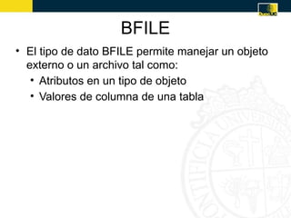 BFILE
• El tipo de dato BFILE permite manejar un objeto
  externo o un archivo tal como:
   • Atributos en un tipo de objeto
   • Valores de columna de una tabla
 