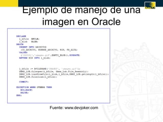 Ejemplo de manejo de una
    imagen en Oracle




     Fuente: www.devjoker.com
 