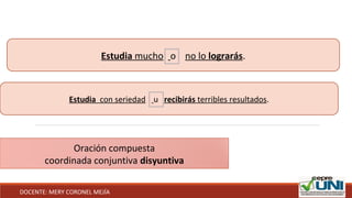Estudia mucho o no lo lograrás.
Estudia con seriedad u recibirás terribles resultados.
Oración compuesta
coordinada conjuntiva disyuntiva
DOCENTE: MERY CORONEL MEJÍA
 