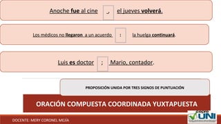 ORACIÓN COMPUESTA COORDINADA YUXTAPUESTA
PROPOSICIÓN UNIDA POR TRES SIGNOS DE PUNTUACIÓN
Anoche fue al cine , el jueves volverá.
Los médicos no llegaron a un acuerdo : la huelga continuará.
Luis es doctor ; Mario, contador.
DOCENTE: MERY CORONEL MEJÍA
 