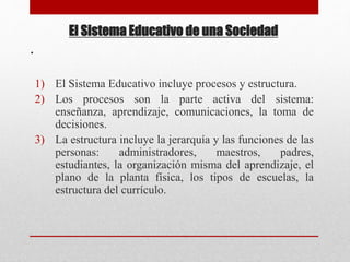 . 
El Sistema Educativo de una Sociedad 
1) El Sistema Educativo incluye procesos y estructura. 
2) Los procesos son la parte activa del sistema: 
enseñanza, aprendizaje, comunicaciones, la toma de 
decisiones. 
3) La estructura incluye la jerarquía y las funciones de las 
personas: administradores, maestros, padres, 
estudiantes, la organización misma del aprendizaje, el 
plano de la planta física, los tipos de escuelas, la 
estructura del currículo. 
 