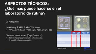 SCMIMCEnero'18
Vall d'Hebron Barcelona Hospital Campus
Sempre, el pacient
primer
24
ASPECTOS TÉCNICOS:
¿Qué más puede hacerse en el
laboratorio de rutina?
A. fumigatus:
Screening: S 99%, E 98-100%. Cepa.
• VIPcheck (ITR 4 mg/L - VOR 1 mg/L - POS 0.5/mg/L – CC)
Técnicas moleculares (Cepa/muestra):
• Sólo mutaciones ambientales seleccionadas.
• S variable (diana monocopia).
ITR VOR POS ISA
G54 R R
M220 R v R*
TR34/L98H R R R R
TR46/Y121F/T289A v R v R
*M220T: POS S
 