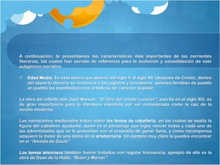 A continuación, te presentamos las características más importantes de las corrientes
literarias, las cuales han servido de referencia para la evolución y consolidación de este
subgénero narrativo.

    Edad Media. En esta época que abarcó del siglo V al siglo XV (después de Cristo), dentro
    del aspecto literario se reconoce a los juglares y trovadores, quienes llevaban de pueblo
    en pueblo las manifestaciones artísticas de carácter popular.

La obra del infante don Juan Manuel: “El libro del conde Lucanor”, escrita en el siglo XIV, es
de gran importancia para la literatura española por ser considerada como la raíz de la
novela moderna.

Las narraciones medievales tratan sobre los temas de caballería, en los cuales se exalta la
figura del caballero ayudante, quien es el personaje que logra vencer todas y cada una de
las adversidades que se le presentan con el propósito de ganar fama, y como recompensa
adquiere la mano de una dama de la aristocracia. Un ejemplo muy claro lo puedes encontrar
en el “Amadis de Gaula”.

Los temas amorosos también fueron tratados con regular frecuencia, ejemplo de ello es la
obra de Daan de la Halle, “Robin y Marian”.
 