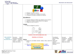 Dirección: Calle 20 entre Av. 25 y Av. 26.
Código postal: 130203 / Manta - Ecuador
Teléfono: 593-2-590-030
www.educacion.gob.ec
 Dialogar a cerca de la canción.
 Emitir los sonidos que se repiten en la canción
 ¿Conocen la vocal que se nombra en la canción?
DESARROLLO
 Presentar imágenes de objetos que empiecen con la vocal E e
 Identificar el sonido en cada nombre de las imágenes
 Dibujar en el aire la vocal E e
CIERRE
 Pintar con témpera la vocal E e
RELACIONES
LOGICO-
MATEMATICAS
Reconocer figuras
geométricas (triángulo,
cuadrado, rectángulo,
círculo y rombo) en
objetos del entorno.
MARTES 3 DE SEPTIEMBRE DEL 2024
PRIMERA ACTIVIDAD
INICIO
 Realizar las actividades iniciales: saludos, fecha, estado del
tiempo.
 Observar el video de la figura geométrica el “rombo”
https://www.youtube.com/watch?v=k02mKhGM7vQ
Tecnológicos
Hoja de trabajo
Goma
Papel crepe
Láminas
Objetos concretos
Plastilina
Reconoce figuras
geométricas (triángulo,
cuadrado, rectángulo,
círculo y rombo) en
objetos del entorno.
 