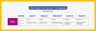 Del lunes 3 al viernes 7 de agosto
Semana 18
11:15 a. m.
a
11:25 a. m.
Lunes 3Horario Martes 4 Miércoles 5 Jueves 6 Viernes 7
Primaria
Experiencia de lectura:
María Parado de Bellido
Secundaria
Experiencia de lectura:
El origen de la
comunidad
Secundaria
Experiencia de lectura:
Reconociendo mi
comunidad
Primaria
Experiencia de lectura:
Carmela Combe
Inicial
Experiencia de lectura:
Me cuentas un cuento
Leemos
Juntos
 