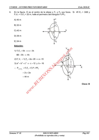 UNMSM – CENTRO PREUNIVERSITARIO Ciclo 2010-II
Semana Nº 18 SOLUCIONARIO Pág.103
(Prohibida su reproducción y venta)
A O B
P
b
a
c
F2
1F
V1
2V
Y
X
6. En la figura, O es el centro de la elipse y F1 y F2 sus focos. Si 4F1F2 = 3AB y
F1V1 + V1F2 = 20 m, halle el perímetro del triángulo F1PF2.
A) 40 m
B) 32 m
C) 42 m
D) 36 m
E) 34 m
Solución:
m44
a2c2
PFPFFFP
16by12ccba)3
10a20a2FVVF)2
k4k8AB
k3ck6FF)1
2121PFF
222
2111
21
21
Clave: B
w
w
w
.R
U
B
IN
O
SS.blogspot.com
 