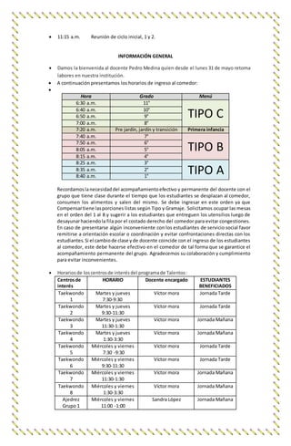  11:15 a.m. Reunión de ciclo inicial, 1 y 2.
INFORMACIÓN GENERAL
 Damos la bienvenida al docente Pedro Medina quien desde el lunes 31 de mayo retoma
labores en nuestra institución.
 A continuación presentamos los horarios de ingreso al comedor:

Hora Grado Menú
6:30 a.m. 11°
TIPO C6:40 a.m. 10°
6:50 a.m. 9°
7:00 a.m. 8°
7:20 a.m. Pre jardín, jardín y transición Primera infancia
7:40 a.m. 7°
TIPO B7:50 a.m. 6°
8:05 a.m. 5°
8:15 a.m. 4°
8:25 a.m. 3°
TIPO A8:35 a.m. 2°
8:40 a.m. 1°
Recordamoslanecesidaddel acompañamientoefectivo y permanente del docente con el
grupo que tiene clase durante el tiempo que los estudiantes se desplazan al comedor,
consumen los alimentos y salen del mismo. Se debe ingresar en este orden ya que
Compensartiene lasporciones listas según Tipo y Gramaje. Solicitamos ocupar las mesas
en el orden del 1 al 8 y sugerir a los estudiantes que entreguen los utensilios luego de
desayunarhaciendola fila por el costado derecho del comedor para evitar congestiones.
En caso de presentarse algún inconveniente con los estudiantes de servicio social favor
remitirse a orientación escolar o coordinación y evitar confrontaciones directas con los
estudiantes. Si el cambiode clase yde docente coincide con el ingreso de los estudiantes
al comedor, este debe hacerse efectivo en el comedor de tal forma que se garantice el
acompañamiento permanente del grupo. Agradecemos su colaboración y cumplimiento
para evitar inconvenientes.
 Horariosde loscentrosde interésdel programade Talentos:
Centrosde
interés
HORARIO Docente encargado ESTUDIANTES
BENEFICIADOS
Taekwondo
1
Martes y jueves
7:30-9:30
Víctor mora Jornada Tarde
Taekwondo
2
Martes y jueves
9:30-11:30
Víctor mora Jornada Tarde
Taekwondo
3
Martes y jueves
11:30-1:30
Víctor mora Jornada Mañana
Taekwondo
4
Martes y jueves
1:30-3:30
Víctor mora Jornada Mañana
Taekwondo
5
Miércoles y viernes
7:30 -9:30
Víctor mora Jornada Tarde
Taekwondo
6
Miércoles y viernes
9:30-11:30
Víctor mora Jornada Tarde
Taekwondo
7
Miércoles y viernes
11:30-1:30
Víctor mora Jornada Mañana
Taekwondo
8
Miércoles y viernes
1:30-3:30
Víctor mora Jornada Mañana
Ajedrez
Grupo 1
Miércoles y viernes
11:00 -1:00
Sandra López Jornada Mañana
 