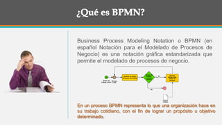 Business Process Modeling Notation o BPMN (en
español Notación para el Modelado de Procesos de
Negocio) es una notación gráfica estandarizada que
permite el modelado de procesos de negocio.
En un proceso BPMN representa lo que una organización hace en
su trabajo cotidiano, con el fin de lograr un propósito u objetivo
determinado.
 