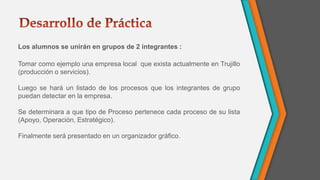 Los alumnos se unirán en grupos de 2 integrantes :
Tomar como ejemplo una empresa local que exista actualmente en Trujillo
(producción o servicios).
Luego se hará un listado de los procesos que los integrantes de grupo
puedan detectar en la empresa.
Se determinara a que tipo de Proceso pertenece cada proceso de su lista
(Apoyo, Operación, Estratégico).
Finalmente será presentado en un organizador gráfico.
 