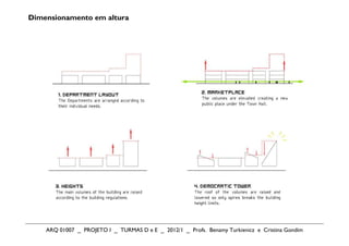 Dimensionamento em altura




    ARQ 01007 _ PROJETO I _ TURMAS D e E _ 2012/1 _ Profs. Benamy Turkienicz e Cristina Gondim
 