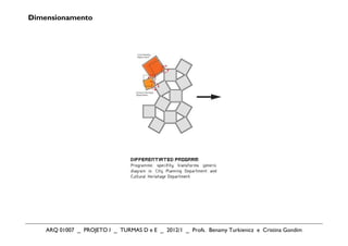 Dimensionamento




    ARQ 01007 _ PROJETO I _ TURMAS D e E _ 2012/1 _ Profs. Benamy Turkienicz e Cristina Gondim
 