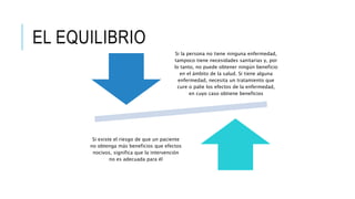 EL EQUILIBRIO
Si la persona no tiene ninguna enfermedad,
tampoco tiene necesidades sanitarias y, por
lo tanto, no puede obtener ningún beneficio
en el ámbito de la salud. Si tiene alguna
enfermedad, necesita un tratamiento que
cure o palie los efectos de la enfermedad,
en cuyo caso obtiene beneficios
Si existe el riesgo de que un paciente
no obtenga más beneficios que efectos
nocivos, significa que la intervención
no es adecuada para él
 