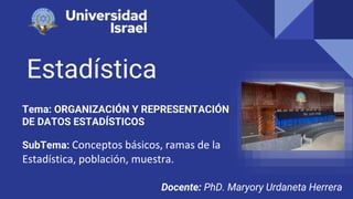 Estadística
Tema: ORGANIZACIÓN Y REPRESENTACIÓN
DE DATOS ESTADÍSTICOS
Docente: PhD. Maryory Urdaneta Herrera
SubTema: Conceptos básicos, ramas de la
Estadística, población, muestra.
 